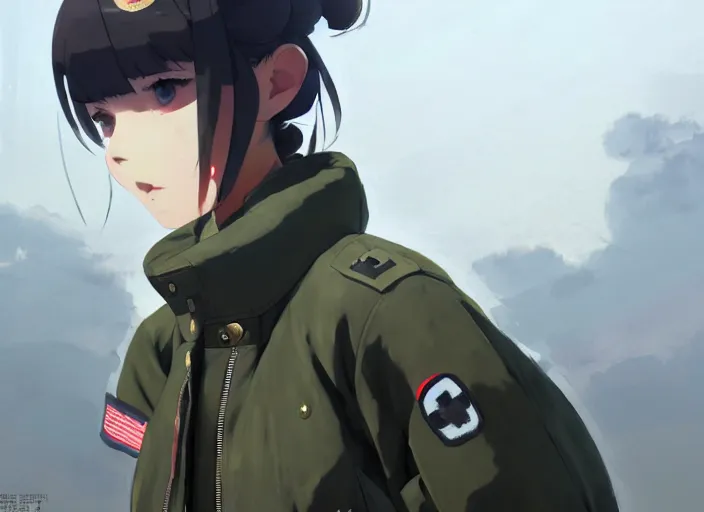 Image similar to soldier girl, wearing big bomber jacket with military gear, big bomber jacket with camo patterns, gapmoe yandere grimdark, trending on pixiv fanbox, painted by greg rutkowski makoto shinkai takashi takeuchi studio ghibli, akihiko yoshida, gta 5