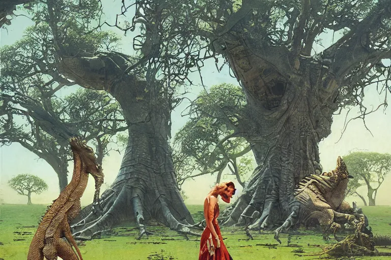 Image similar to pulp scifi illustration, elegant woman meets lizard alien on expansive lawn of distant english stately home, baobab trees, by norman rockwell, jack kirby, john berkey, bergey, craig mullins, ruan jia, raymond swanland, jeremy mann, beksinski, tom lovell, alex malveda, schomburg