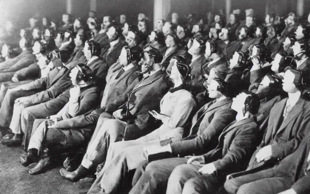 Image similar to 1 9 0 0 s photo of people using iphones ipods virtual reality headsets vr watching hd tv in a movie theater