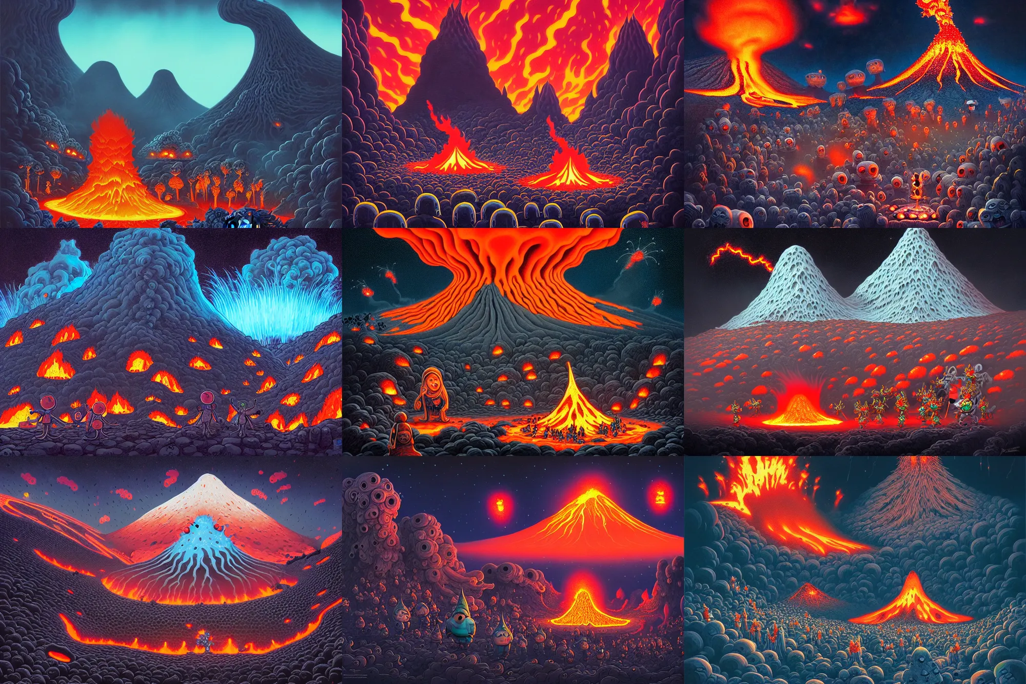 Prompt: a hoard of strange gnome like people struggling and grabbing for a very large pizza, in front of a volcano spewing lava and black smoke, from below, streams of glowing hot lava, flashes of lightning in the distance, wide shot, long shot, an ultrafine detailed painting by joe fenton, deviantart, pop surrealism, whimsical