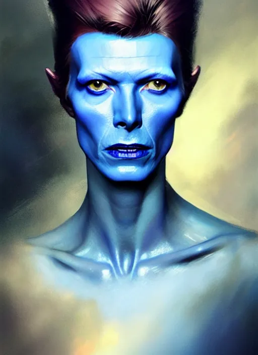Prompt: portrait of a blue - skinned david bowie as a woman, victorian, concept art, detailed face, fantasy, close up face, highly detailed, cinematic lighting, digital art painting by greg rutkowski