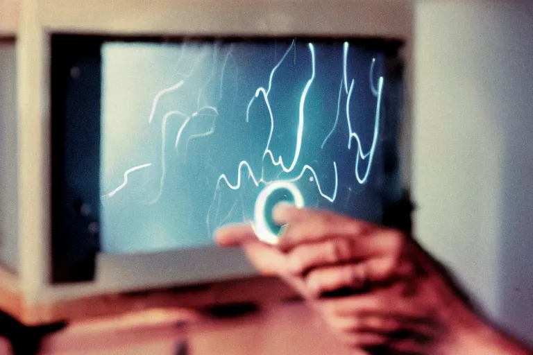 Image similar to backlit photograph of black box pouring energy into suburban room, crisp focus, 3 5 mm ektachrome