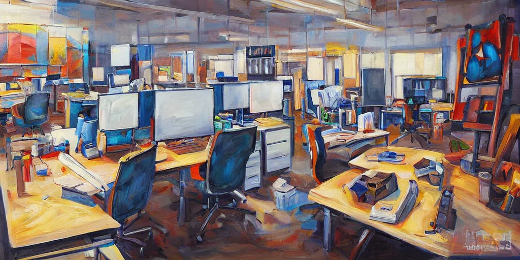 Prompt: painting workplace, art style by bryen frost