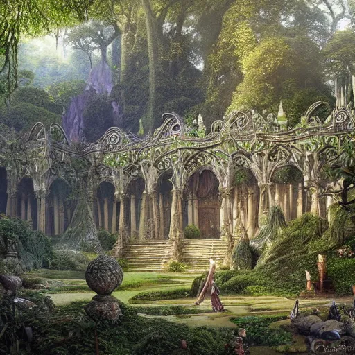 Prompt: a beautiful and highly detailed matte painting of an elven temple in a magical fantasy garden in a lush forest, intricate details, epic scale, insanely complex, 8 k, sharp focus, hyperrealism, very realistic, by caspar friedrich, james gurney and brian froud,