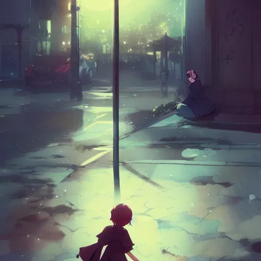 Prompt: anime key visual of a little witch waiting in a bus stop, cinematic lighting, dramatic atmosphere, by dustin nguyen, akihiko yoshida, greg tocchini, greg rutkowski, cliff chiang, 4 k resolution