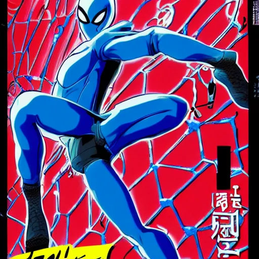 Image similar to Anime key visual of Cyberpunk ninja Spider-Man in a colorful blue and scarlet suit, wearing a scarlet hoodie, riding a skateboard in Berlin, official media drawn by Hirohiko Araki, anime magazine cover, manga cover, shonen jump cover, in the style of JOJO’s bizarre adventure, Hirohiko Araki artwork