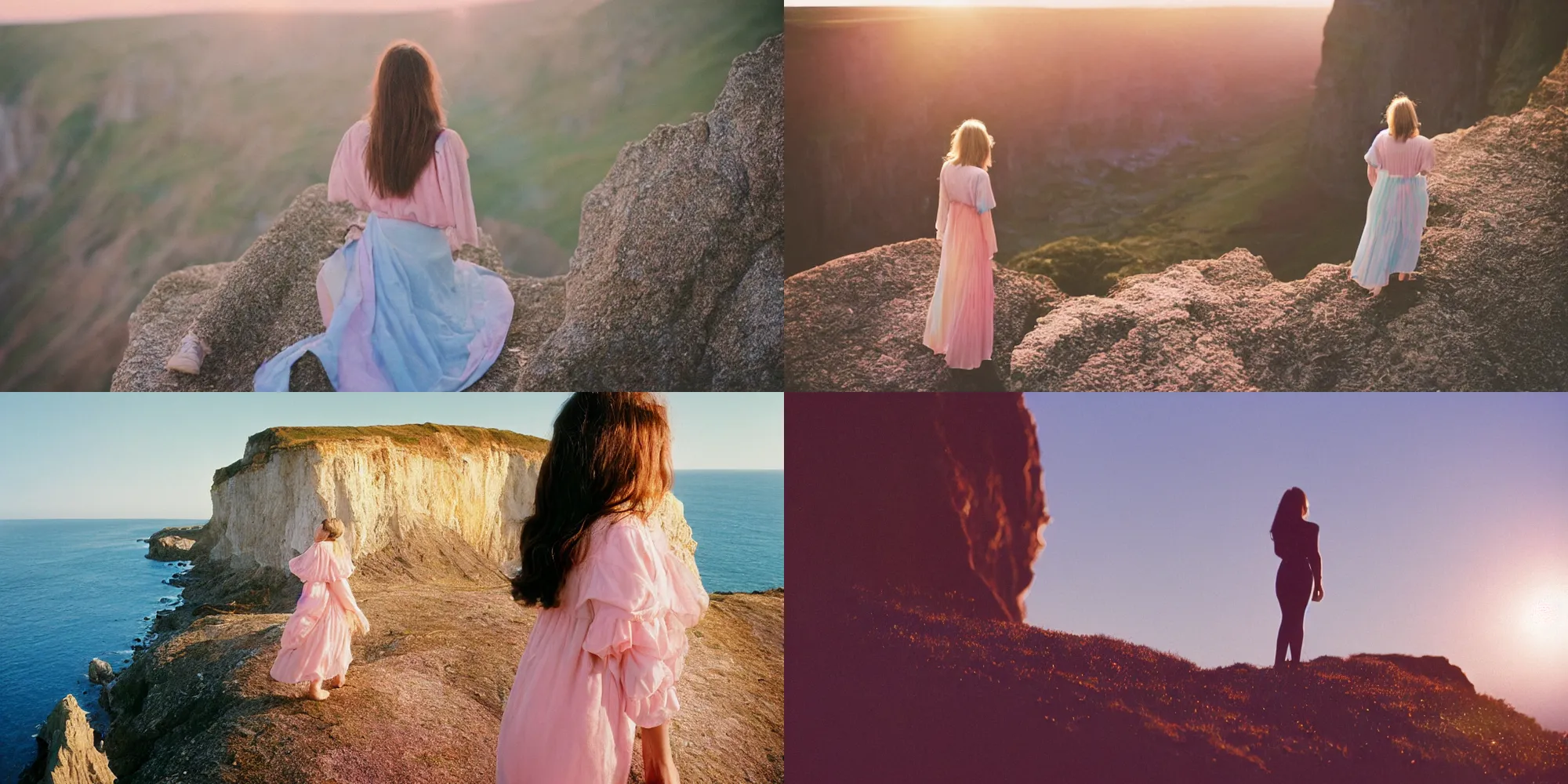 Prompt: photograph of a beautiful!!! woman! from the back standing in cliffs by mark owen. pastel colors. kodak portra 4 0 0 film!!. whirl bokeh!. mamiya 7. highly detailed. hq. photoreal. golden hour. lens flare. faded film. in - frame