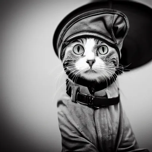 Prompt: a black and white photo of a cat with a World War 2 helmet, high detailed, atmosphere, 4k