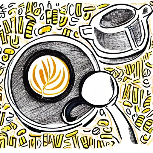 Image similar to a hand drawn illustration of a box of mac and cheese holding a cup coffee