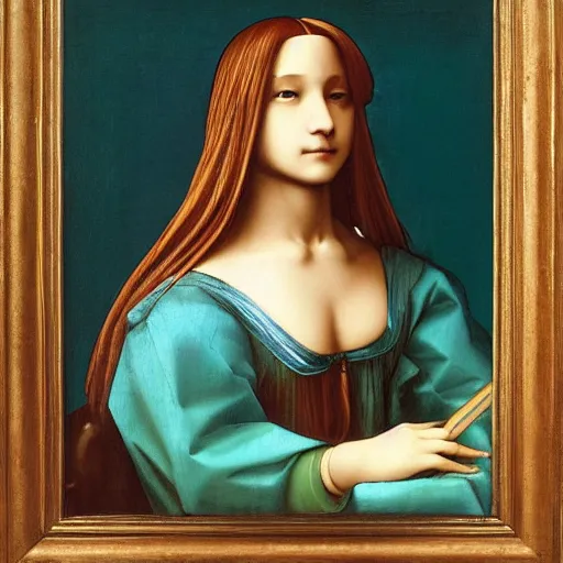 Image similar to An oil painting by Leonardo Da Vinci of a Hatsune Miku, portrait