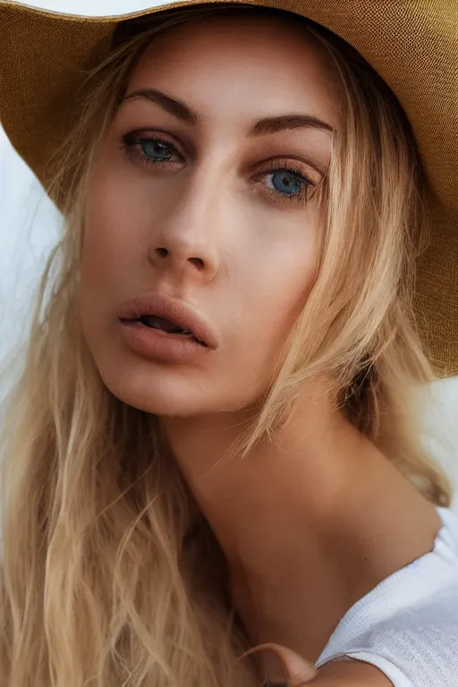 Image similar to photograph of an olive skinned blonde female model in her twenties, her hair pinned up under designer hat, wearing a designer top, looking content, focused on her neck, photo realistic, extreme detail skin, natural beauty, no filter, slr, golden hour, 8 k, high definition, selfie