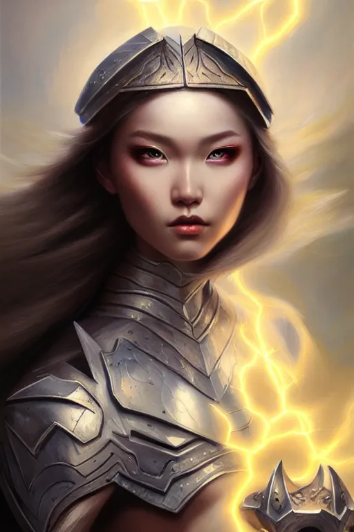 Image similar to oil painting, sakimi chan, white skin, fantasy armor, detailed face, tony sart, wind, lightning, dramatic lighting