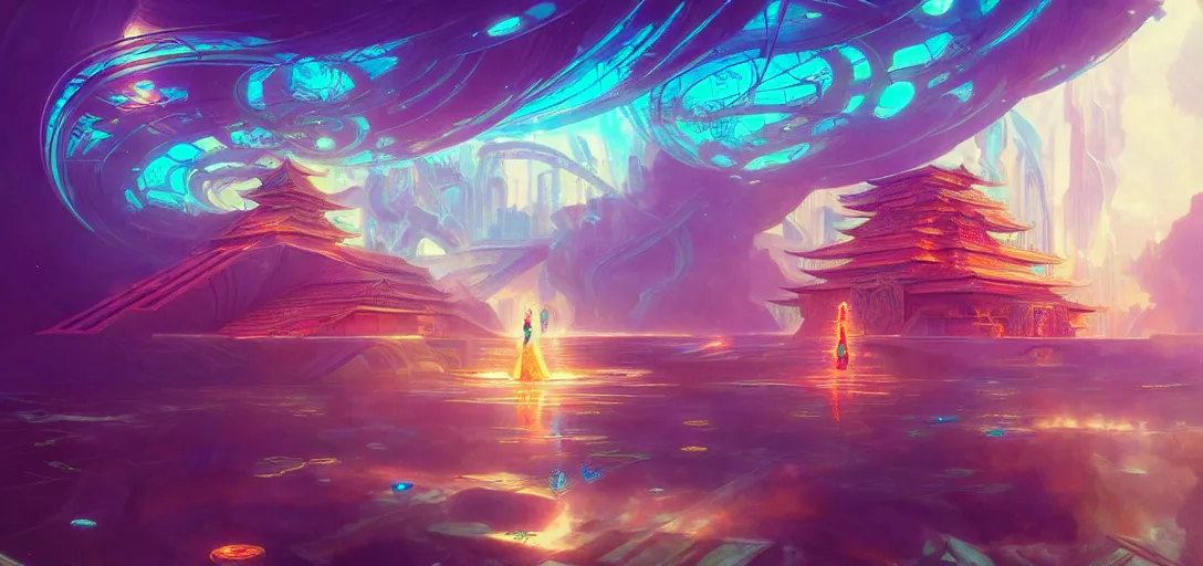 Image similar to a floating temple, channeling swirling energy, wearing netrunner clothing, vaporwave aesthetic, colorful, psychedelic, digital painting, artstation, concept art, smooth, sharp focus, illustration, art by artgerm and greg rutkowski and alphonse mucha