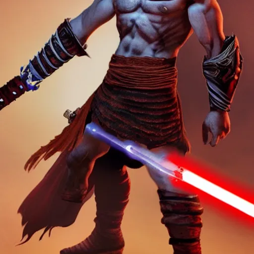 Image similar to kratos from god of war using a lightsaber