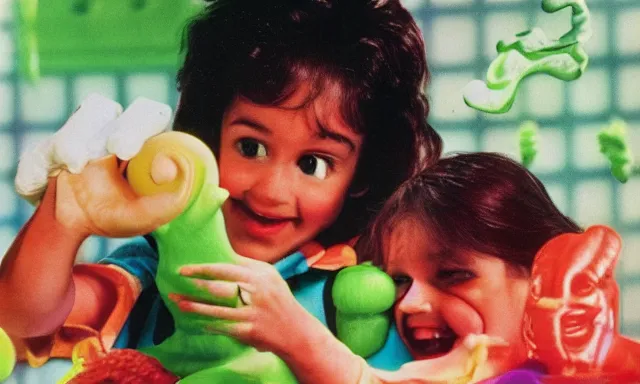 Image similar to kid playing with slime monster, realistic, detailed faces, toy commercial photo,toy magazine, highly detailed, photo from the 80s