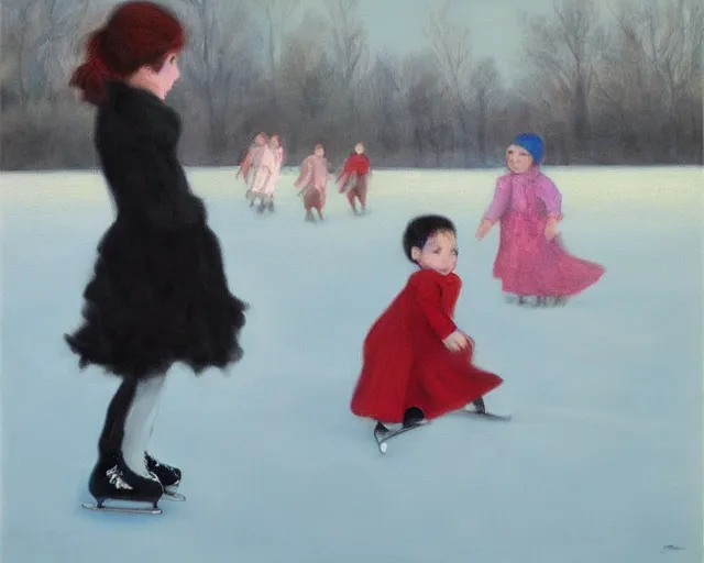 Image similar to Children ice skating. Oil painting by Lisa Yuskavage.