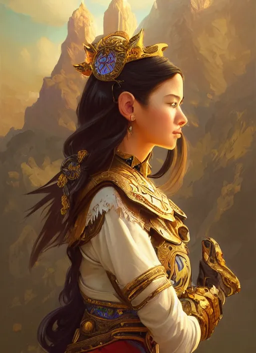 Image similar to portrait of russian mexican asian girl jodhpurs hyperborea lemuria, deep focus, d & d, fantasy, intricate, elegant, highly detailed, digital painting, artstation, concept art, matte, sharp focus, illustration, hearthstone, art by rhads by artgerm and greg rutkowski and alphonse mucha