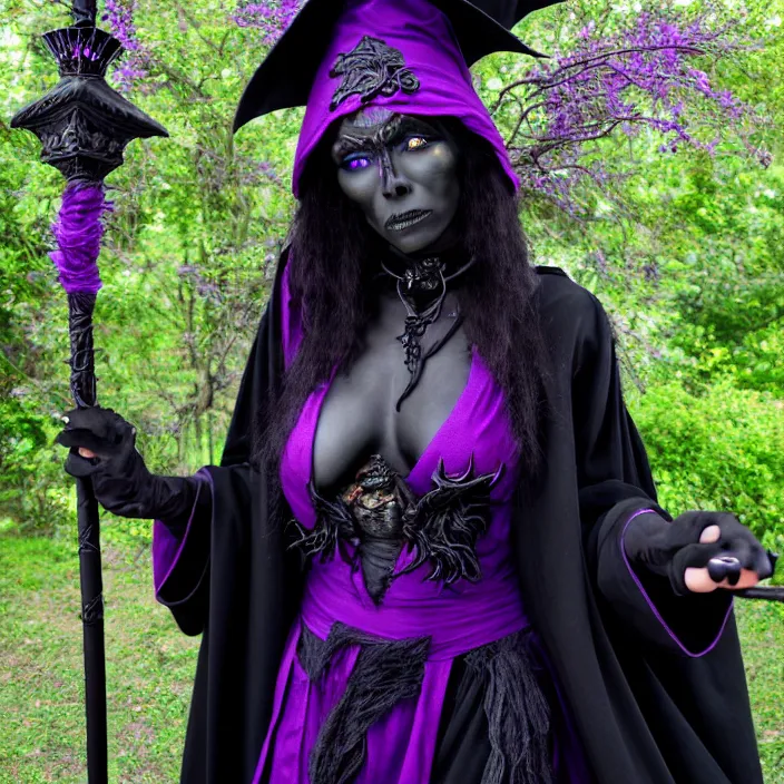 Image similar to photograph of a real - life beautiful! elemental darkness witch with ornate black and purple robes and staff. extremely detailed. 8 k