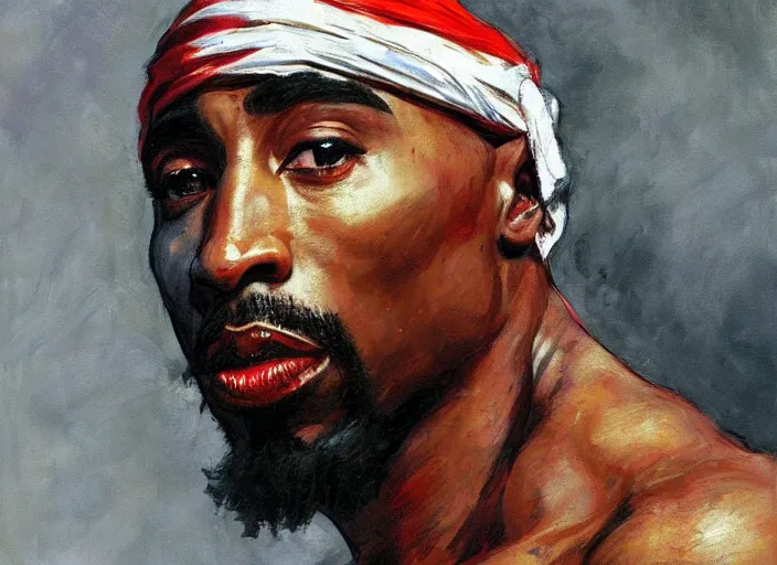 Image similar to a highly detailed beautiful portrait of tupac shakur as kratos, by gregory manchess, james gurney, james jean