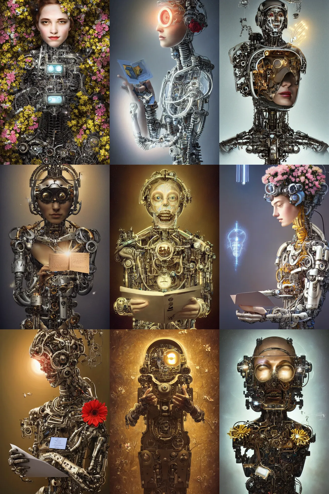 Prompt: a beautiful intricate fine art portrait photo of a happy mechanical futuristic cybernetic cyborg reading a letter, by tom bagshaw and zach sutton, eyes light up, perfection!, studio lighting, golden ratio composition, 3 5 mm lens, bionic robot overgrown with flowers, cybernetic scifi, deep depth of field, artstation, 8 k