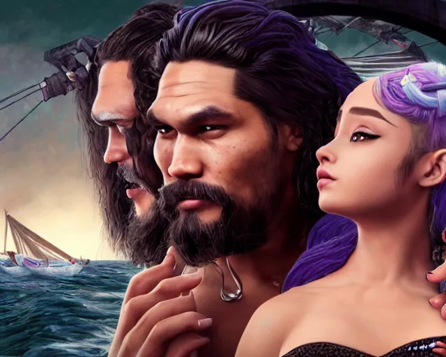 Prompt: An epic fantasy comic book style portrait painting of a very beautiful Ariana Grande and Jason Momoa on the Titanic, character design by Mark Ryden and Pixar and Hayao Miyazaki, unreal 5, DAZ, hyperrealistic, octane render, cosplay, RPG portrait, dynamic lighting, intricate detail, summer vibrancy, cinematic