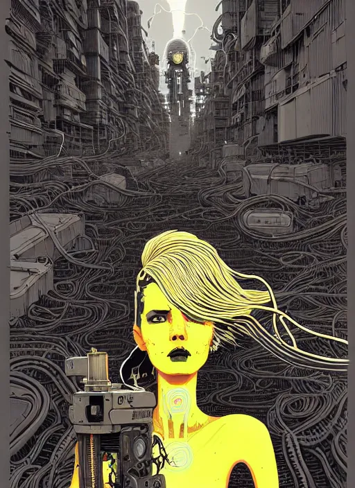 Image similar to highly detailed portrait of wasteland punk long curly bright yellow and white plasma electricity hair tribal lady, stray electric spark wiring by atey ghailan, james gilleard, by joe fenton, by greg rutkowski, by greg tocchini, by kaethe butcher, 4 k resolution, gradient yellow, black and white color scheme!!! ( ( lightning cloudy robotic dystopian city background ) )