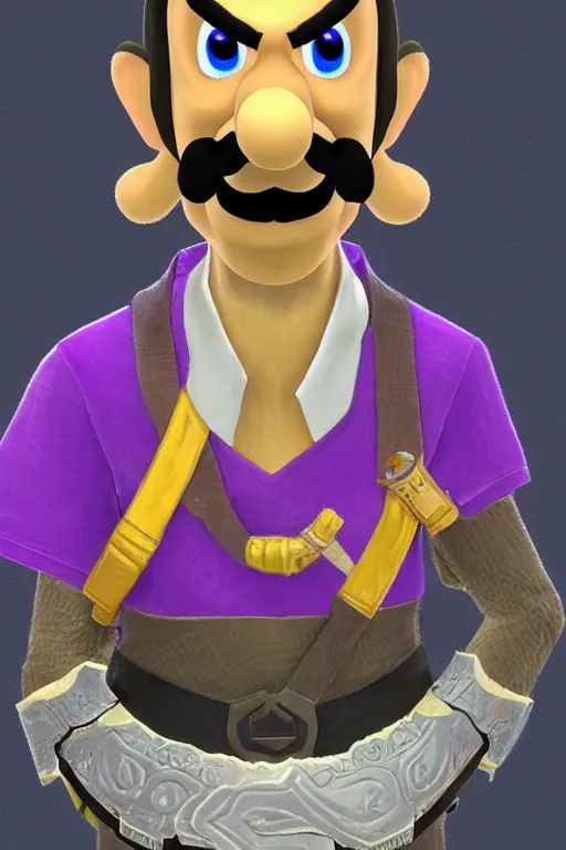 Image similar to an in game portrait of waluigi from the legend of zelda breath of the wild, breath of the wild art style.