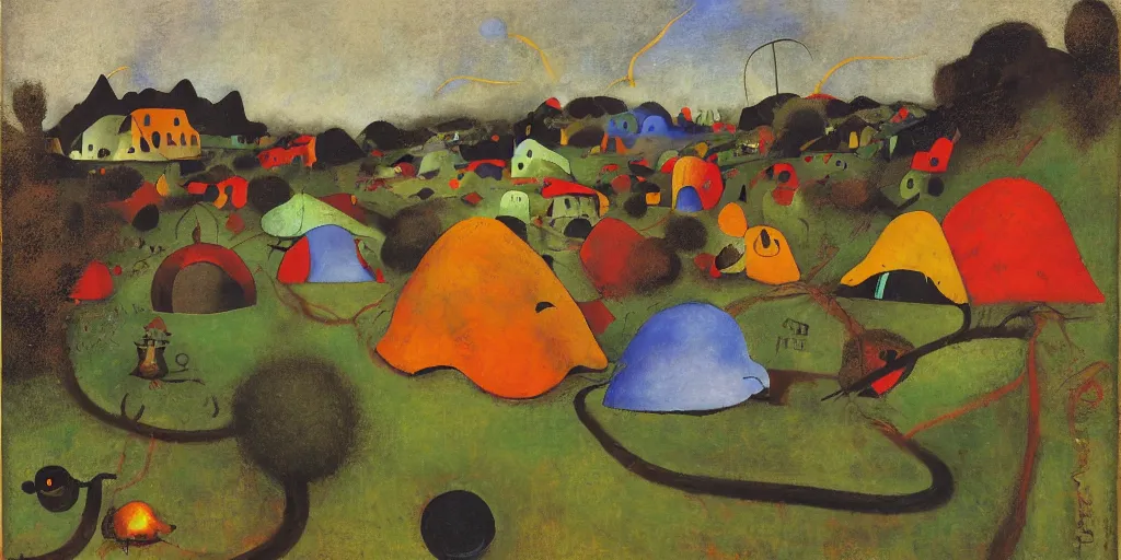 Prompt: beautiful stunning landscape of a homeless encampment in the mission district of san francisco, painted by grant wood, joan miro