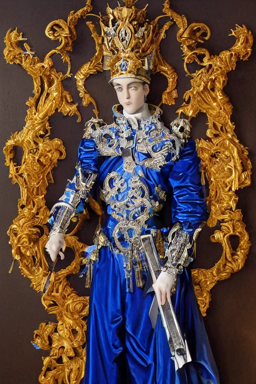 Image similar to full-body sculpture of a young handsome Spanish prince as a half android with a glowing blue battery in his chest, white laser beam coming out of his eyes, crown of giant diamonds, flowing neon-colored silk, fabric, raptors, in a cyperbunk and baroque style. baroque elements. full-length view. baroque element. intricate artwork by caravaggio mechanical roses. Trending on artstation, octane render, cinematic lighting from the right, hyper realism, octane render, 8k, depth of field, 3D