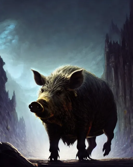 Image similar to Giant Boar looking at mouse, medium shot, fear, D&D, artstation, fantasy, magic the gathering artwork, cinematic lighting, centered, symmetrical, highly detailed, digital painting, , concept art, smooth, sharp focus, illustration, volumetric lighting, epic Composition, 8k, art by Akihiko Yoshida and Greg Rutkowski and Craig Mullins, oil painting, cgsociety