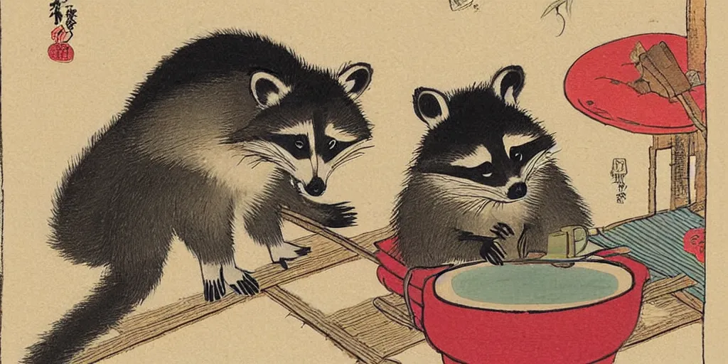 Image similar to little raccoon sitting by a cozy fireplace with a cup of tea. warm color temperature. ukiyo - e,