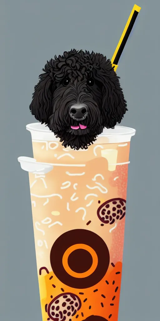 Image similar to a bernedoodle drinking boba tea, digital art, wallpaper, highly detailed, trending on artstation.