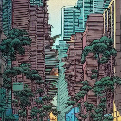 Prompt: a street in singapore, by moebius