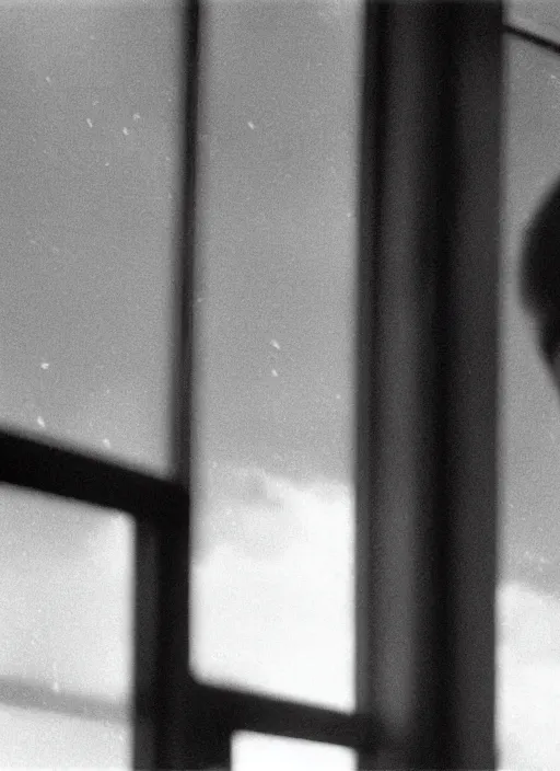 Image similar to screenshot from moody scene of Donald Trump looking out window, in High and Low, 1963 film directed by Akira Kurosawa, kodak film stock, black and white, anamorphic lens, 4K, detailed, stunning cinematography and composition shot by Takao Saito, 70mm