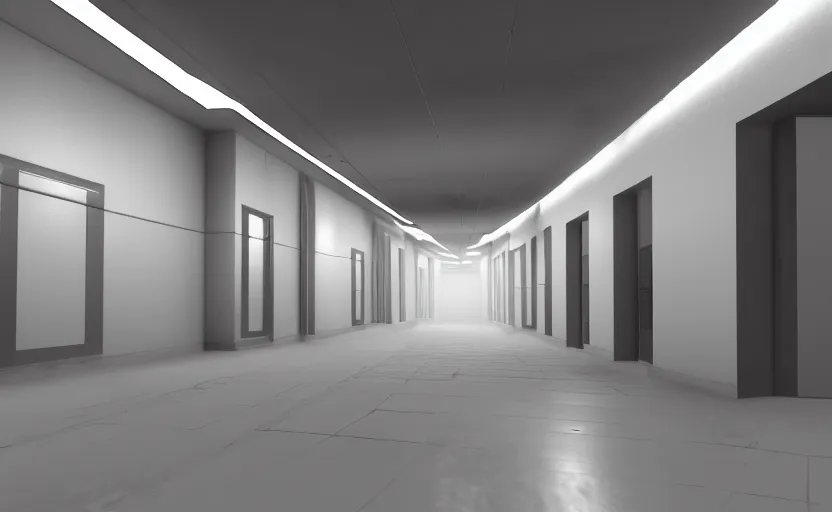Image similar to screenshot of a first person shooter game on unreal engine 5, narrow modern hallways of a government office facility with white dry wall, photorealistic, retrofuturism, concept art, trending on artstation