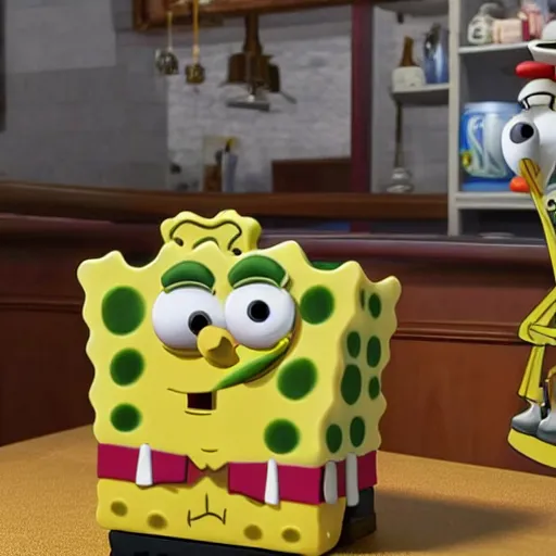 Prompt: spongebob squarepants made of rubber in 3 d, working as a waiter at an olive garden waiting on customers, hyperrealistic, 4 k