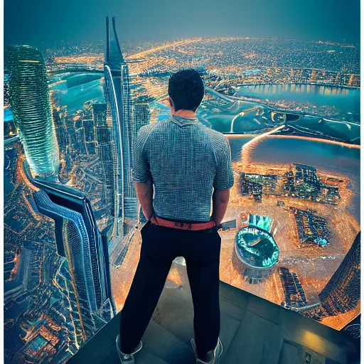 Prompt: closeup of a man [ standing on the pinnacle of the burj khalifa ]!!, holding a camera, viewing out into a futuristically adequate city, dusk atmosphere, digital art illustrated by max hay and greg rutkowski, [ synthwave ]!!, golden ratio!!, centered!!