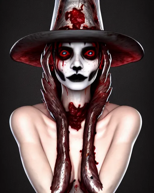 Image similar to face, beautiful biopunk witch with hat made out of flesh, cutely dressed, goth, bloody meat clothes, laboratory, elegance, perfect, masterpiece | | artgerm, octane render, 8 k, hd, very detailed, raytracing