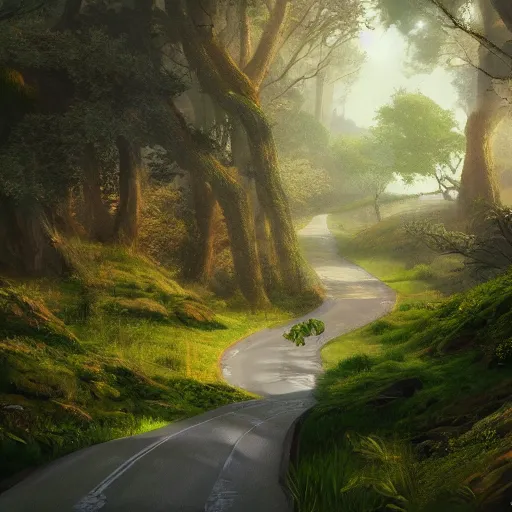 Image similar to roads leading into distance, lush fantasy landscape, artstation, photorealistic