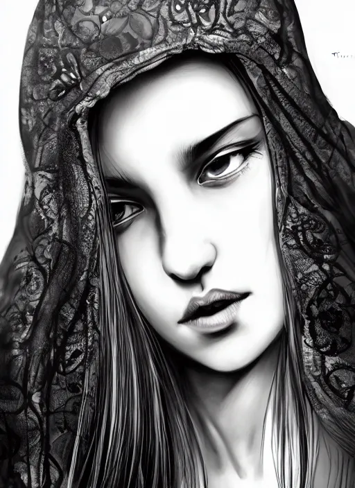 Prompt: a stunning sexy intricate portrait of a woman, japnaese manga style, hooded, portrait, black long hair, intricate complexity, rule of thirds, face by artgerm, character concept, dramatic lighting, big bright eyes, 5 0 mm, f 2, innocent smile, hyperrealistic painting, cg society contest winner, hyperrealism, hyper realism, ethereal, deviantart
