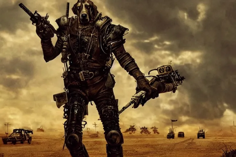 Image similar to a good ol'hound dog fursona ( from the furry fandom ), heavily armed and armored facing down armageddon in a dark and gritty version from the makers of mad max : fury road. witness me.