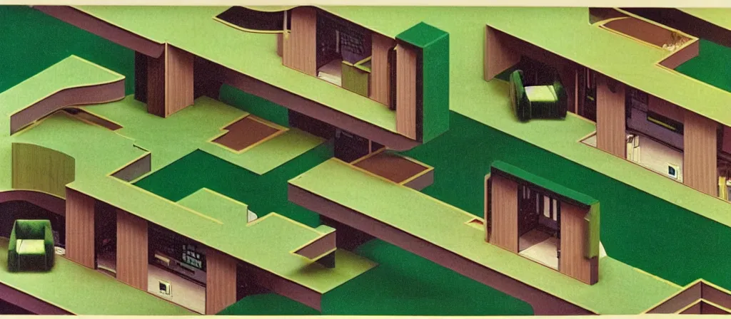 Image similar to huge sprawling gargantuan angular dimension of infinite indoor landscape 7 0 s green velvet and wood with metal office furniture. surrealism, mallsoft, vaporwave. muted colours, 7 0 s office furniture catalogue, shot from above, endless, neverending epic scale by escher and ricardo bofill