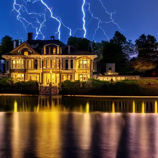 Image similar to a gatsby mansion on the lakefront at night, dynamic lightning, natural lighting, 8k, photo