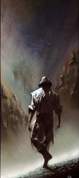 Prompt: evil and suffering being transformed into goodness, life, and peace. he holds a burden of darkness, but beneath him is a land of peace | epic painting by craig mullins