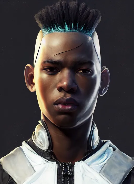 Image similar to portrait of a young black man with a mohawk and a solid black eyes, wearing futuristic techwear highly detailed, digital painting, artstation, concept art, smooth, sharp focus, illustration, art by wlop, uang guangjian and gil elvgren and sachin teng and greg rutkowski