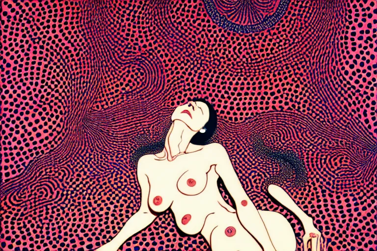 Image similar to realistic detailed image of a woman laying down in a padded room, conjuring psychedelic background, part by takato yamamoto, part by yayoi kusama, part by alex gray, ross tran, james jean, ultra realistic, highly detailed, 8 k, trending on artstation, very cohesive, masterpiece