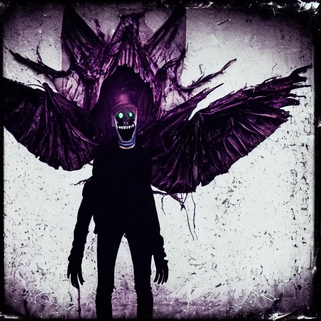 Image similar to a dark artistic photo of an alien creature with crazy wings, liminal eerie midnight backlit, big budget horror, a polaroid photo, bleeding decaying colors!