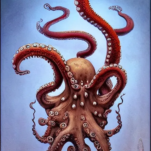 Image similar to torso portrait of an octopus warrior mushroom, by Gerald Brom on Artstation