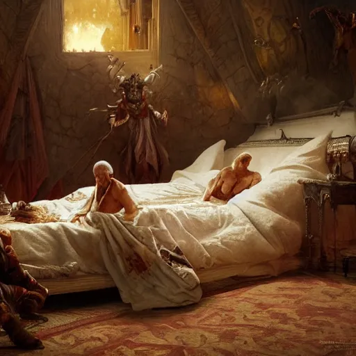 Prompt: the pope is in his bed, scared, because a horned demon is attacking the pope. highly detailed painting by gaston bussiere, greg rutkowski, craig mullins 8 k