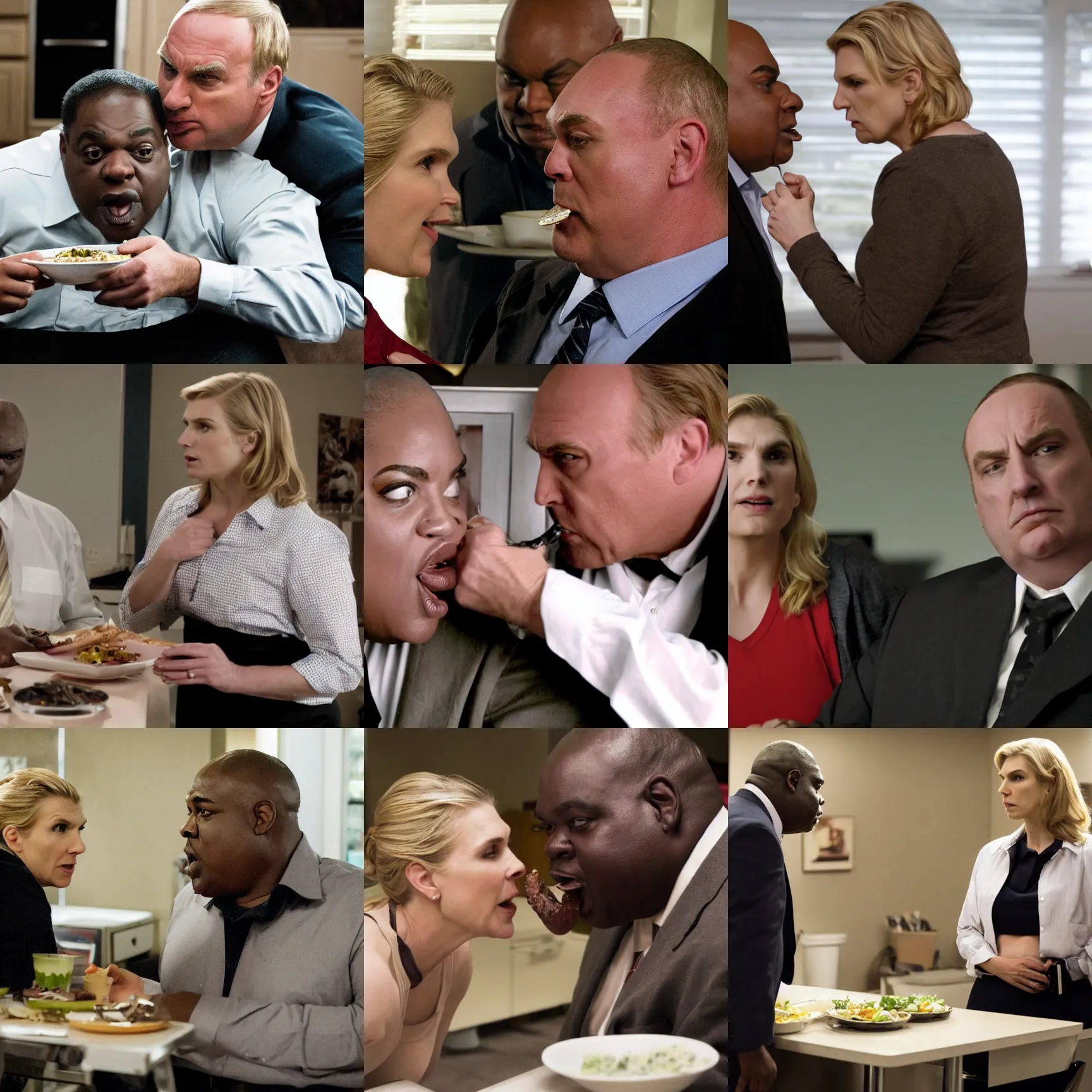 Prompt: huell babineaux eating kim wexler, still from better call saul, black and white, horrifying, gruesome, disgusting